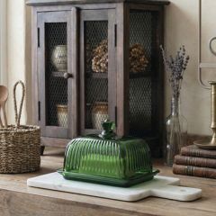 Ribbed Green Glass Butter Dish