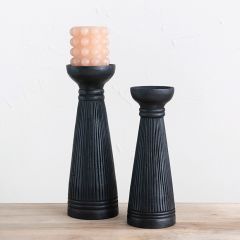 Ribbed Wood Modern Candle Holder Set of 2