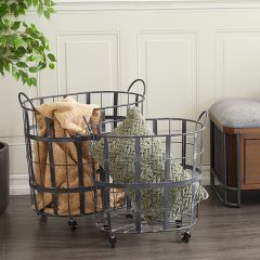Rolling Industrial Metal Storage Baskets Set of 2