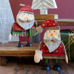 Rope Arm Painted Wood Santa Figure Set of 2