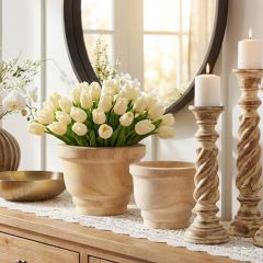 Round Carved Wood Planter Pot Set of 2