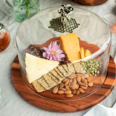 Round Cheese Board With Honeybee Glass Dome 13 Inch