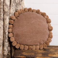 Round Nutmeg Pillow With Pom Edging