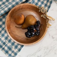 Round Wooden Bowl with Brass Bird Detail