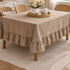 Ruffled Rustic Beige Gingham Check Tablecloth