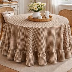 Ruffled Rustic Beige Gingham Check Tablecloth