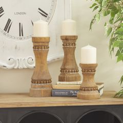 Rustic Beaded Wood Candle Holder Set of 3