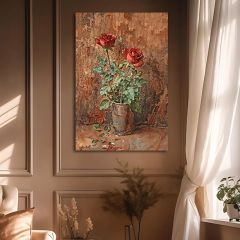 Rustic Flowering Red Roses in a Pot Canvas Wall Art
