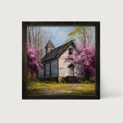 Rustic Framed Country Church with Purple Flowering Tree Wall Art