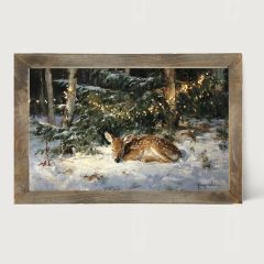 Rustic Framed Deer Sleeping Under Pine Tree Horizontal Wall Art
