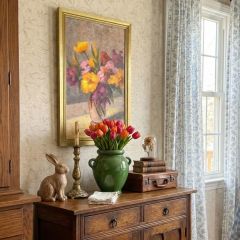 Rustic Framed Glass Vase with Yellow and Pink Flowers Vertical Wall Art