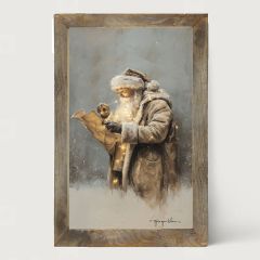 Rustic Framed Santa Reading His List with Christmas Lights Vertical Wall Art