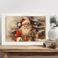 Rustic Framed Vintage Santa Holding Presents In Forest