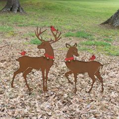 Rustic Metal Reindeer and Cardinals Yard Figure Set of 2