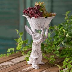 Rustic Rabbit with Flower Bird Feeder Dish