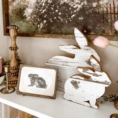 Rustic White Wood Bunny Figure Set of 2