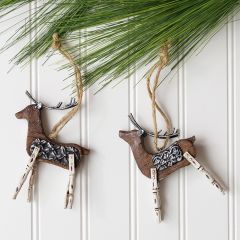 Rustic Wood Deer Tree Ornament Set of 2