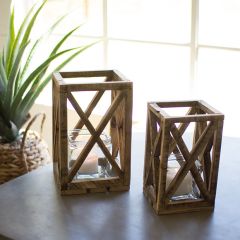 Rustic Wood Lantern Candle Holder Set of 2