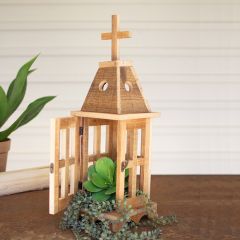 Rustic Wood Lantern With Cross Finial