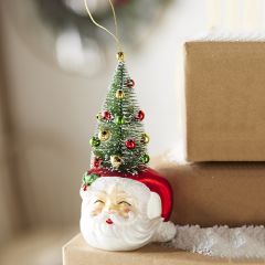Santa Ornament With Bottlebrush Tree Set of 2