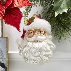 Santa With Holly Glass Ornament