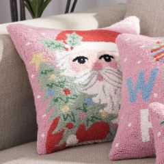 Santa with Tree Wool Hooked Accent Pillow