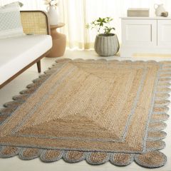 Scalloped Natural/Light Blue Jute Area Rug