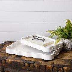 Scalloped Wood Handled Tray Set of 2