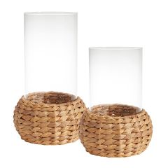 Seagrass Wrapped Glass Hurricane Set of 2