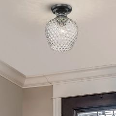 Single Bulb Cut Glass Semi Flush Ceiling Light In Matte Black