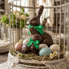 Sitting Decorative Chocolate Bunny with Green Bow Figure