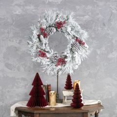 Snow Flocked Pine Wreath With Red Berries