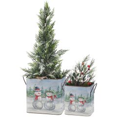 Snowman Couple Metal Bin Set of 2