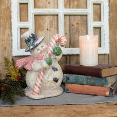 Snowman Figurine With Candy Cane