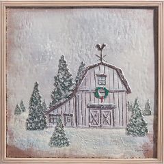 Snowy Christmas Barn Embossed Metal Wall Art