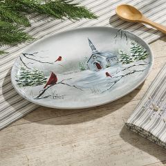 Snowy Church With Cardinals Oval Platter