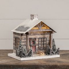 Snowy Holiday Timber Cabin Tabletop Decor 11 Inch