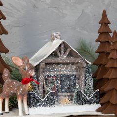 Snowy Holiday Timber Cabin Tabletop Decor 9 Inch