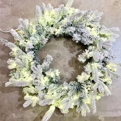 Snowy Lighted Faux Fir Wreath