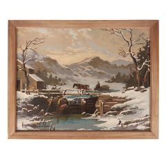 Snowy Winter Farm Framed Canvas Wall Art