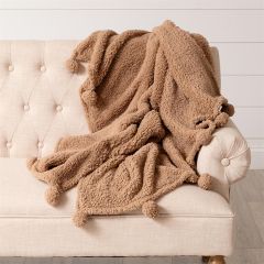 Soft Neutral Sherpa Throw with Poms Taupe