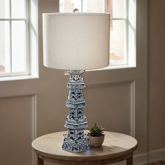 Stoneware Pagoda Lamp with Linen Shade