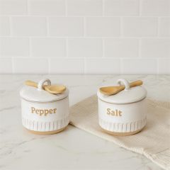Stoneware Salt and Pepper Cellar Set With Spoons
