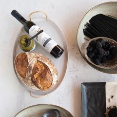 Stoneware Serving Tray With Rattan Handles
