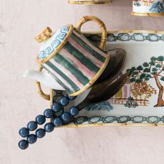 Striped Stoneware Teapot with Painted Bamboo Handle