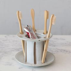 Striped Stoneware Toothbrush Holder