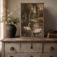 Swans Gliding Through A Willow River Framed Wall Art