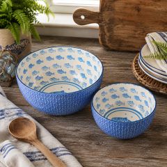 Swimming Blue Fish Stoneware Mixing Bowl Set of 2