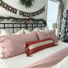 Tasseled Red And White Striped Lumbar Pillow 