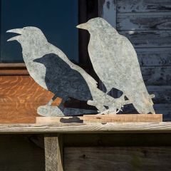 Tin Crow Silhouette On Wood Base, Set of 2